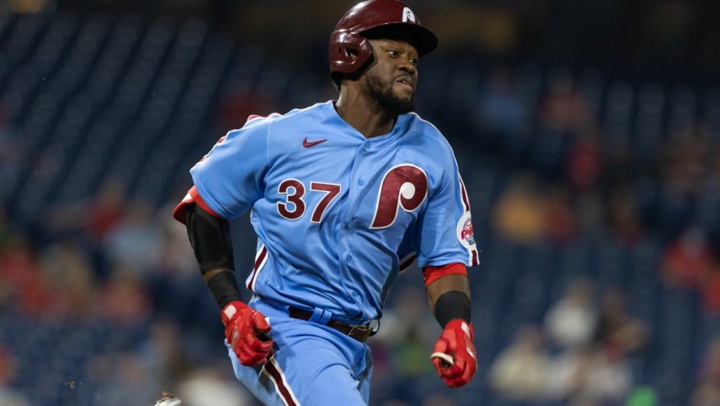 Sep 9, 2021; Philadelphia, Pennsylvania, USA; Philadelphia Phillies center fielder Odubel Herrera (37) runs the bases after hitting a single against the Colorado Rockies during the sixth inning at Citizens Bank Park. Mandatory Credit: Bill Streicher-USA TODAY Sports