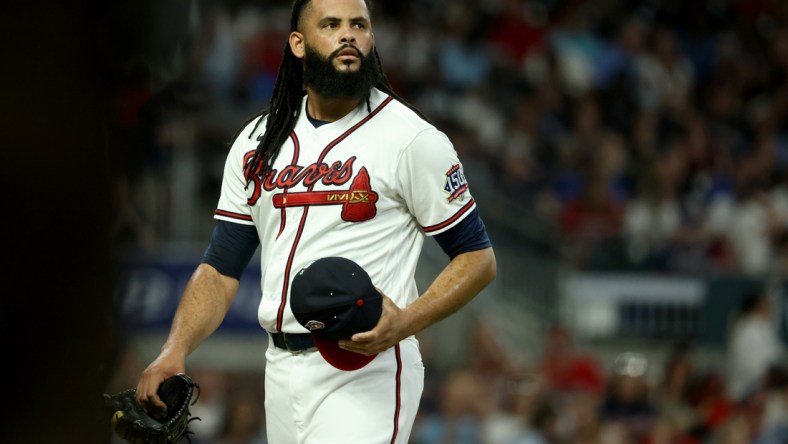 Sep 11, 2021; Atlanta, Georgia, USA; Atlanta Braves relief pitcher Richard Rodriguez (48) reacts at the end of the eighth inning after giving up two solo home runs to the Miami Marlins at Truist Park. Mandatory Credit: Jason Getz-USA TODAY Sports