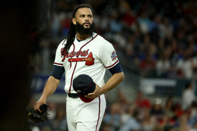 Sep 11, 2021; Atlanta, Georgia, USA; Atlanta Braves relief pitcher Richard Rodriguez (48) reacts at the end of the eighth inning after giving up two solo home runs to the Miami Marlins at Truist Park. Mandatory Credit: Jason Getz-USA TODAY Sports