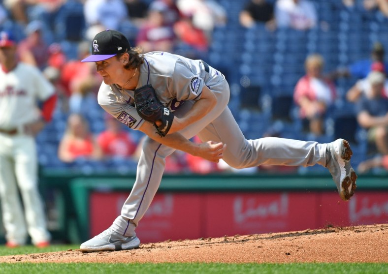 Sep 12, 2021; Philadelphia, Pennsylvania, USA; Colorado Rockies relief pitcher Ryan Feltner (18) throws a pitch during the second inning against the Philadelphia Phillies at Citizens Bank Park. Mandatory Credit: Eric Hartline-USA TODAY Sports