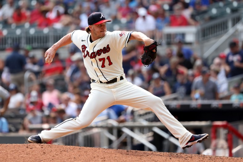 Sep 12, 2021; Atlanta, Georgia, USA; Atlanta Braves relief pitcher Jacob Webb (71) pitches against the Miami Marlins during the seventh inning at Truist Park. Mandatory Credit: Jason Getz-USA TODAY Sports