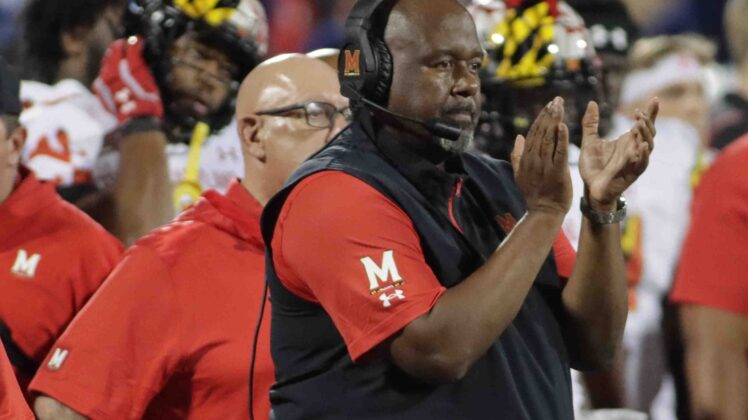 Sep 17, 2021; Champaign, Illinois, USA; Maryland Terrapins head coach Mike Locksley looks on from the sideline against the Illinois fighting Illini at Memorial Stadium. Mandatory Credit: Ron Johnson-USA TODAY Sports