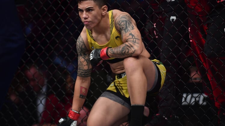 Sep 25, 2021; Las Vegas, Nevada, USA; Jessica Andrade reacts before fighting against Cynthia Calvillo during UFC 266 at T-Mobile Arena. Mandatory Credit: Gary A. Vasquez-USA TODAY Sports