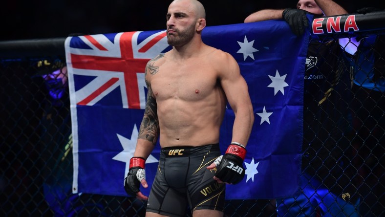 Sep 25, 2021; Las Vegas, Nevada, USA; Alexander Volkanovski is introduced before fighting Brian Ortega during UFC 266 at T-Mobile Arena. Mandatory Credit: Gary A. Vasquez-USA TODAY Sports