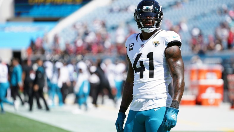 Sep 26, 2021; Jacksonville, Florida, USA; Jacksonville Jaguars linebacker Josh Allen (41) warms up prior to the game against the Arizona Cardinals at TIAA Bank Field. Mandatory Credit: Jasen Vinlove-USA TODAY Sports