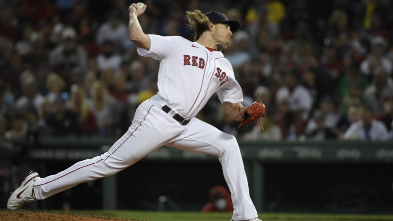 Sep 26, 2021; Boston, Massachusetts, USA;  Boston Red Sox starting pitcher Garrett Richards (43) pitches during the seventh inning against the New York Yankees at Fenway Park. Mandatory Credit: Bob DeChiara-USA TODAY Sports