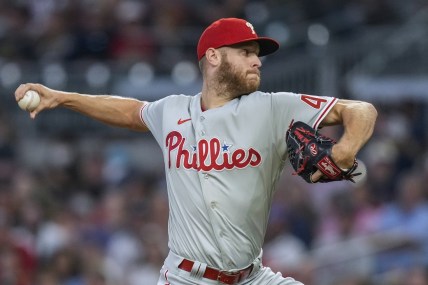 Sep 28, 2021; Cumberland, Georgia, USA; Philadelphia Phillies starting pitcher Zack Wheeler (45) delivers against the Atlanta Braves during the first inning at Truist Park. Mandatory Credit: Dale Zanine-USA TODAY Sports