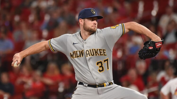 Sep 29, 2021; St. Louis, Missouri, USA; Milwaukee Brewers starting pitcher Adrian Houser (37) throws against the St. Louis Cardinals during the first inning at Busch Stadium. Mandatory Credit: Joe Puetz-USA TODAY Sports