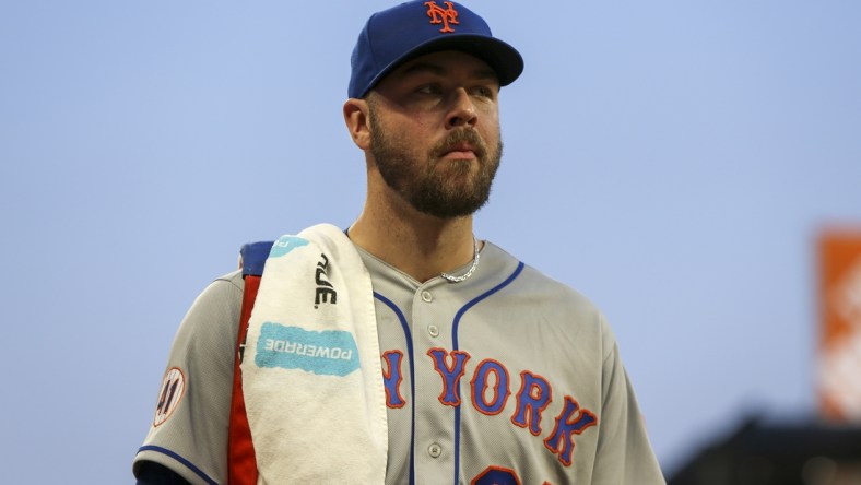 Oct 1, 2021; Atlanta, Georgia, USA; New York Mets starting pitcher Tylor Megill (38) before a game against the Atlanta Braves at Truist Park. Mandatory Credit: Brett Davis-USA TODAY Sports