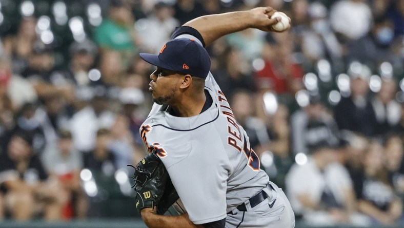 Oct 1, 2021; Chicago, Illinois, USA; Detroit Tigers starting pitcher Wily Peralta (58) delivers against the Chicago White Sox during the first inning at Guaranteed Rate Field. Mandatory Credit: Kamil Krzaczynski-USA TODAY Sports