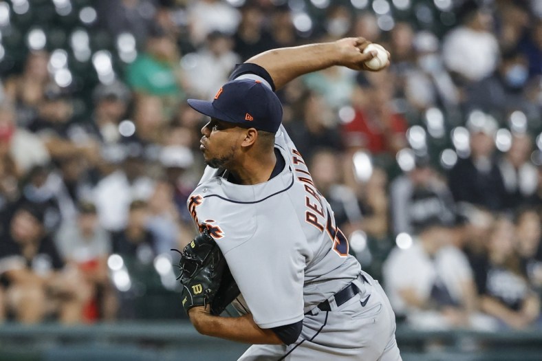 Oct 1, 2021; Chicago, Illinois, USA; Detroit Tigers starting pitcher Wily Peralta (58) delivers against the Chicago White Sox during the first inning at Guaranteed Rate Field. Mandatory Credit: Kamil Krzaczynski-USA TODAY Sports