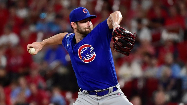 Oct 1, 2021; St. Louis, Missouri, USA;  Chicago Cubs starting pitcher Cory Abbott (15) pitches during the first inning against the St. Louis Cardinals at Busch Stadium. Mandatory Credit: Jeff Curry-USA TODAY Sports