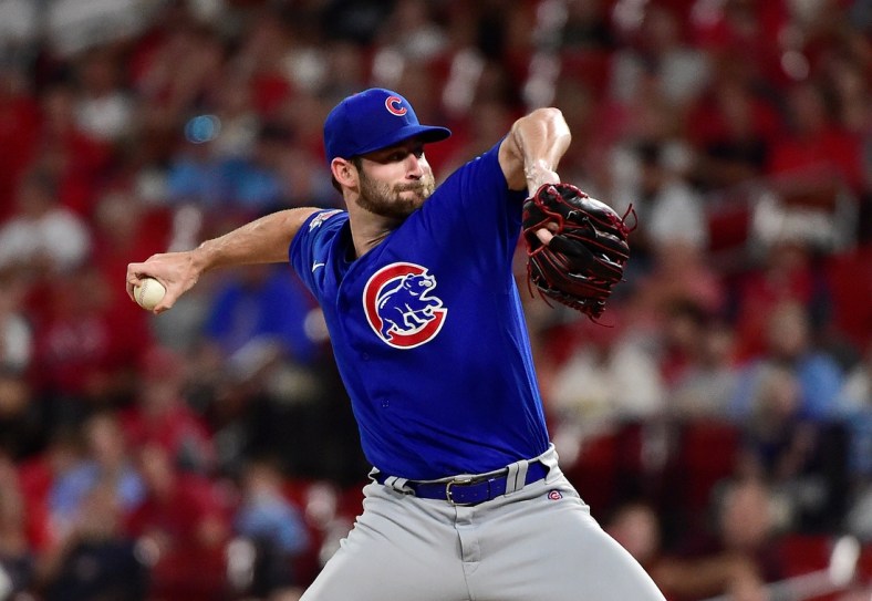 Oct 1, 2021; St. Louis, Missouri, USA;  Chicago Cubs starting pitcher Cory Abbott (15) pitches during the first inning against the St. Louis Cardinals at Busch Stadium. Mandatory Credit: Jeff Curry-USA TODAY Sports