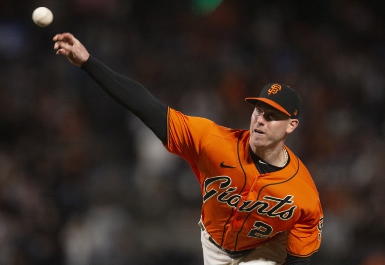 Oct 1, 2021; San Francisco, California, USA; San Francisco Giants starting pitcher Anthony DeSclafani(26) delivers a pitch against the San Diego Padres during the second inning at Oracle Park. Mandatory Credit: D. Ross Cameron-USA TODAY Sports