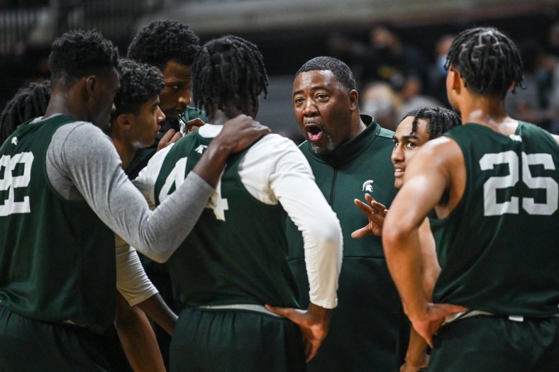 Michigan State's associate head coach Dwayne Stephens talks with players during open practice on Saturday, Oct. 2, 2021, at the Breslin Center in East Lansing.

Syndication Lansing State Journal