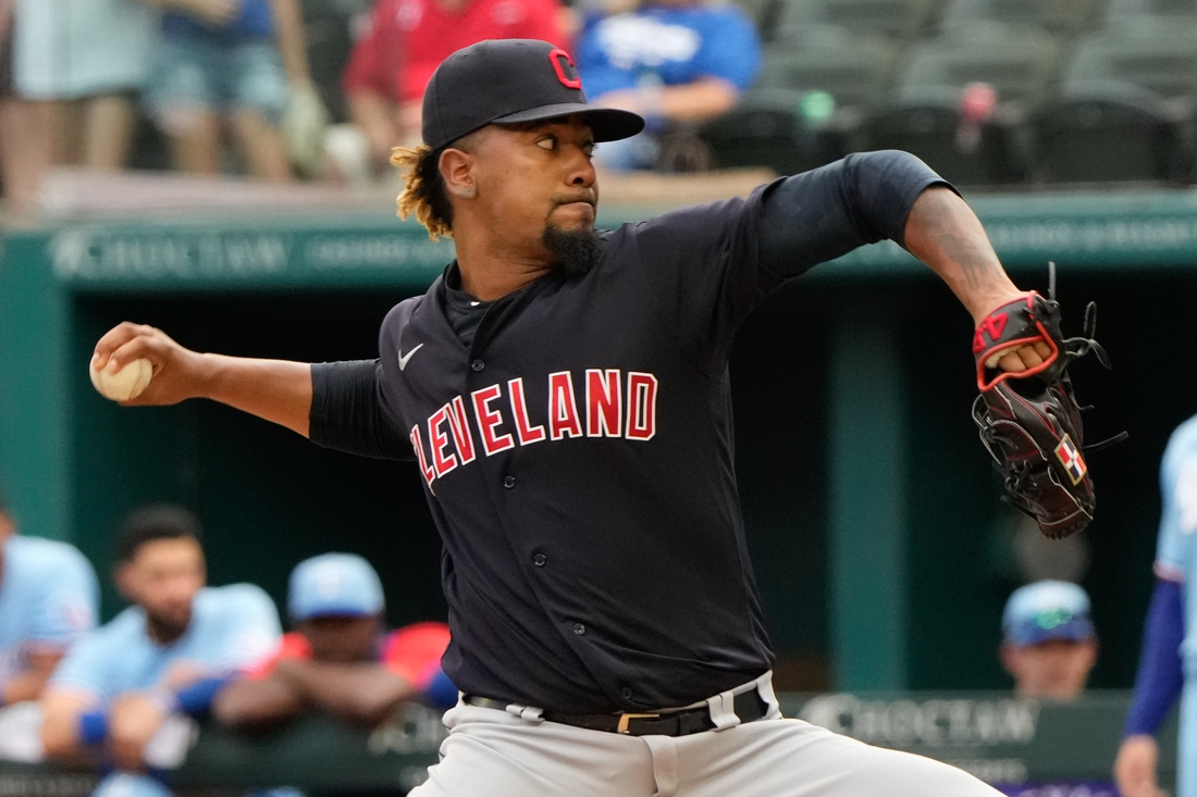 Oct 3, 2021; Arlington, Texas, USA; Cleveland Indians relief pitcher Emmanuel Clase (48) delivers the final pitch of the game against the Texas Rangers during the ninth inning at Globe Life Field. The MLB club known as the Indians will be named the Cleveland Guardians at the start of the 2022 season. Mandatory Credit: The Indians won 6-0. Jim Cowsert-USA TODAY Sports