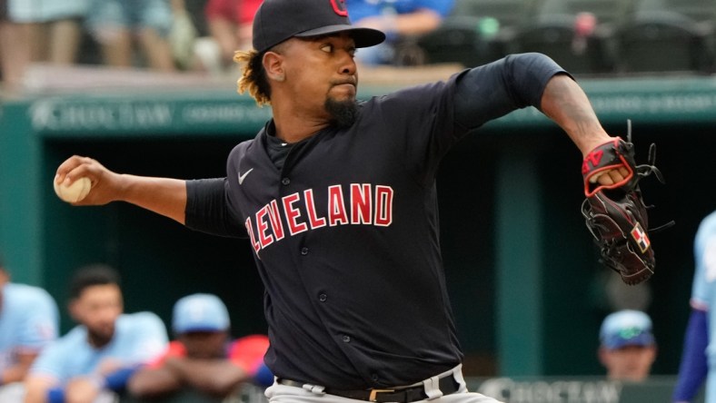 Oct 3, 2021; Arlington, Texas, USA; Cleveland Indians relief pitcher Emmanuel Clase (48) delivers the final pitch of the game against the Texas Rangers during the ninth inning at Globe Life Field. The MLB club known as the Indians will be named the Cleveland Guardians at the start of the 2022 season. Mandatory Credit: The Indians won 6-0. Jim Cowsert-USA TODAY Sports