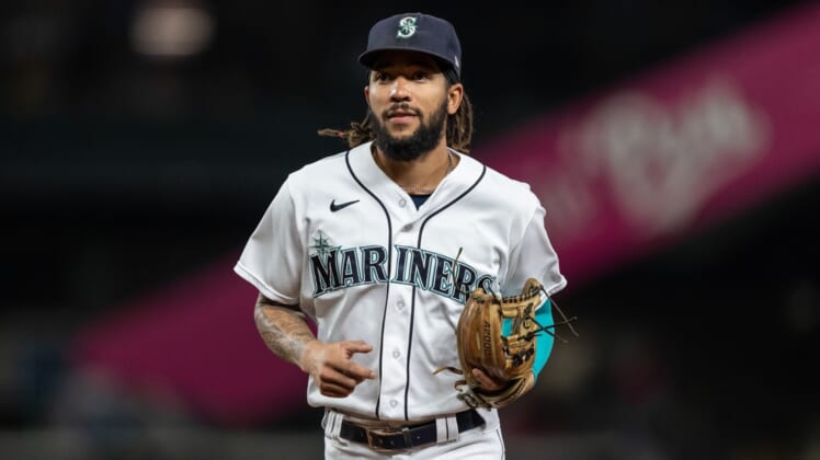 Sep 27, 2021; Seattle, Washington, USA;  Seattle Mariners shortstop J.P. Crawford (3) jogs off the field during a game against the Oakland Athletics at T-Mobile Park. The Mariners won 13-4. Mandatory Credit: Stephen Brashear-USA TODAY Sports