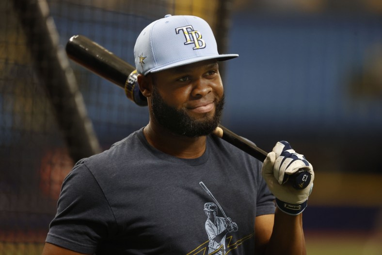 Oct 6, 2021; Tampa, Florida, USA;Tampa Bay Rays right fielder Manuel Margot (13)  works out for ALDS workout day against the Boston Red Sox at Tropicana Field. Mandatory Credit: Kim Klement-USA TODAY Sports