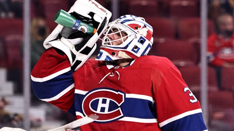 Oct 7, 2021; Montreal, Quebec, CAN; Montreal Canadiens goaltender Carey Price (31) drinks during the third period against Ottawa Senators at Bell Centre. Mandatory Credit: Jean-Yves Ahern-USA TODAY Sports