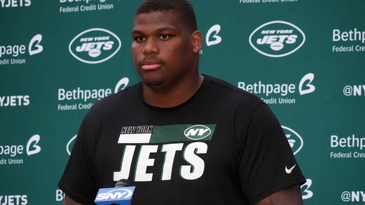 Oct 8, 2021; Ware, England, United Kingdom; New York Jets defensive tackle Quinnen Williams (95) at a press conference at the Manor Marriott Hotel and Country Club. Mandatory Credit: Kirby Lee-USA TODAY Sports