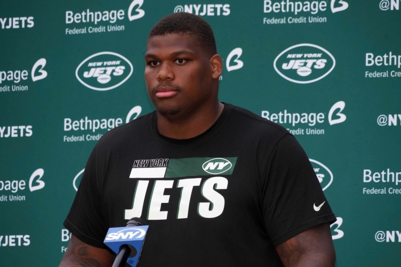 Oct 8, 2021; Ware, England, United Kingdom; New York Jets defensive tackle Quinnen Williams (95) at a press conference at the Manor Marriott Hotel and Country Club. Mandatory Credit: Kirby Lee-USA TODAY Sports
