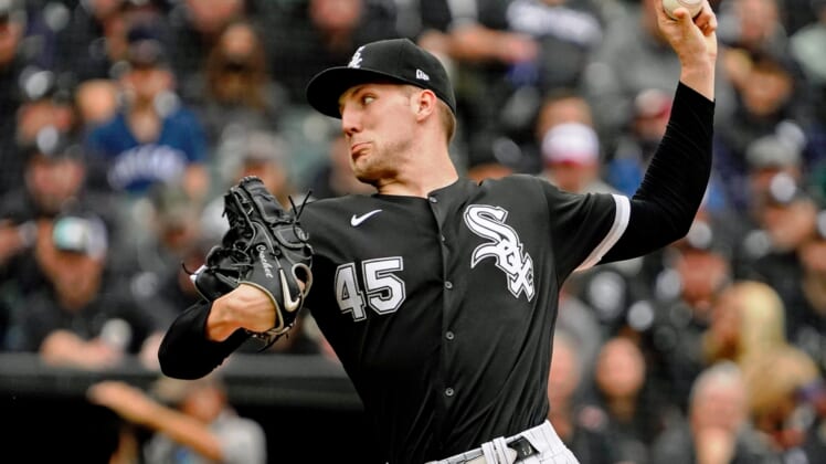 Oct 12, 2021; Chicago, Illinois, USA; Chicago White Sox relief pitcher Garrett Crochet (45) pitches against the Houston Astros during the fourth inning in game four of the 2021 ALDS at Guaranteed Rate Field. Mandatory Credit: David Banks-USA TODAY Sports