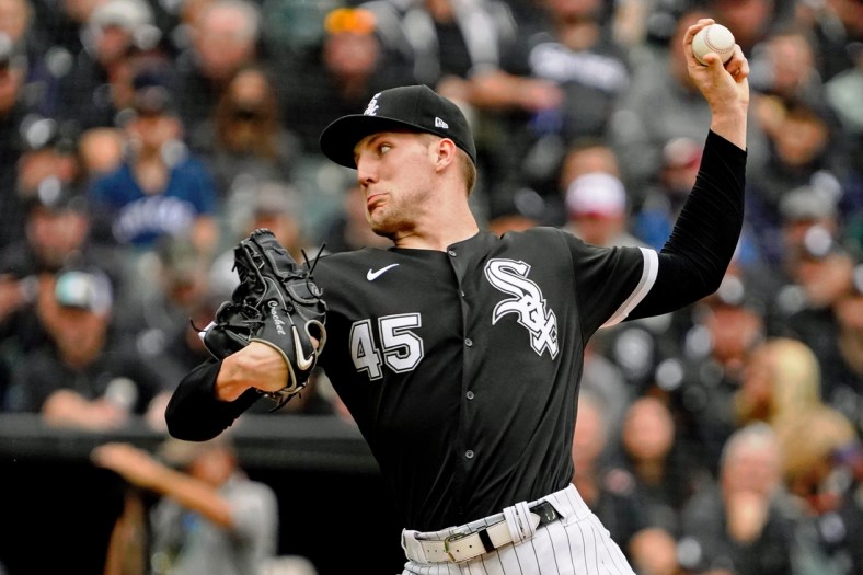 Oct 12, 2021; Chicago, Illinois, USA; Chicago White Sox relief pitcher Garrett Crochet (45) pitches against the Houston Astros during the fourth inning in game four of the 2021 ALDS at Guaranteed Rate Field. Mandatory Credit: David Banks-USA TODAY Sports