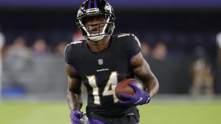 Oct 11, 2021; Baltimore, Maryland, USA; Baltimore Ravens wide receiver Sammy Watkins (14) participates in warmups prior to the Ravens' game against the Indianapolis Colts at M&T Bank Stadium. Mandatory Credit: Geoff Burke-USA TODAY Sports
