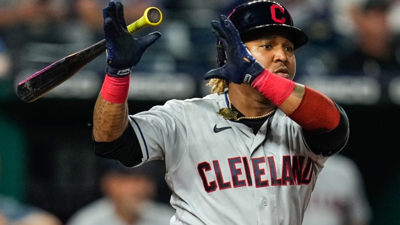 Sep 29, 2021; Kansas City, Missouri, USA; Cleveland Indians third baseman Jose Ramirez (11) bats against the Kansas City Royals during the fifth inning at Kauffman Stadium. Mandatory Credit: Jay Biggerstaff-USA TODAY Sports