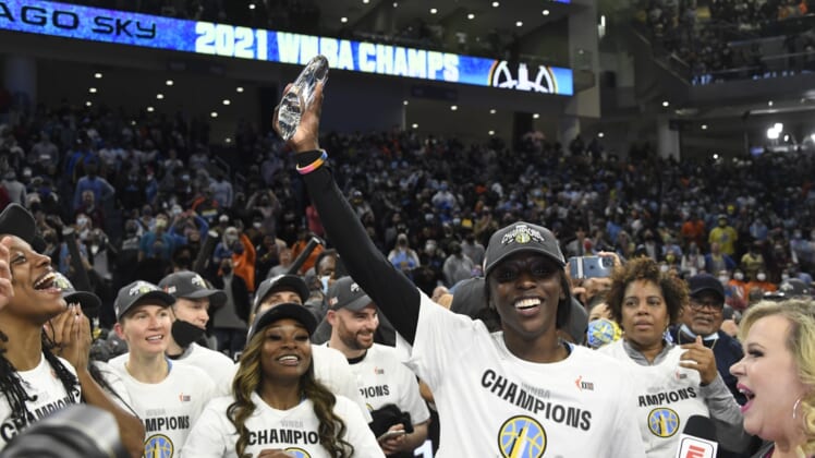 Oct 17, 2021; Chicago, Illinois, USA; Chicago Sky guard/forward Kahleah Copper (2) after receiving the MVP trophy after the Chicago Sky beat the Phoenix Mercury 80-74 in game four of the 2021 WNBA Finals at Wintrust Arena. Mandatory Credit: Matt Marton-USA TODAY Sports
