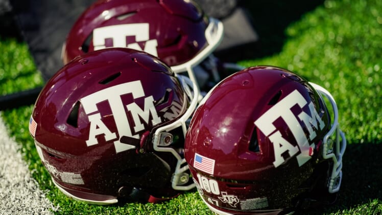 Oct 16, 2021; Columbia, Missouri, USA; A detailed view of Texas A&M Aggies helmets during the second half against the Missouri Tigers at Faurot Field at Memorial Stadium. Mandatory Credit: Jay Biggerstaff-USA TODAY Sports