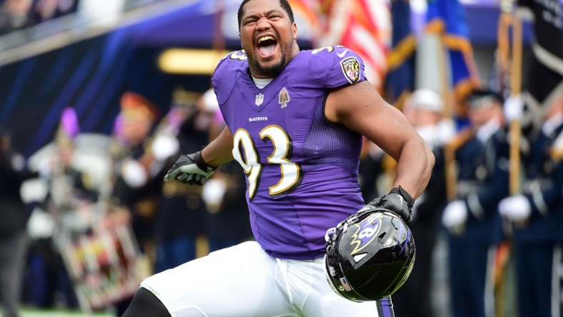 Oct 24, 2021; Baltimore, Maryland, USA; Baltimore Ravens defensive end Calais Campbell (93) runs onto the field prior to the game against the Cincinnati Bengals at M&T Bank Stadium. Mandatory Credit: Evan Habeeb-USA TODAY Sports