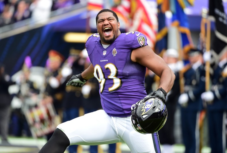 Oct 24, 2021; Baltimore, Maryland, USA; Baltimore Ravens defensive end Calais Campbell (93) runs onto the field prior to the game against the Cincinnati Bengals at M&T Bank Stadium. Mandatory Credit: Evan Habeeb-USA TODAY Sports