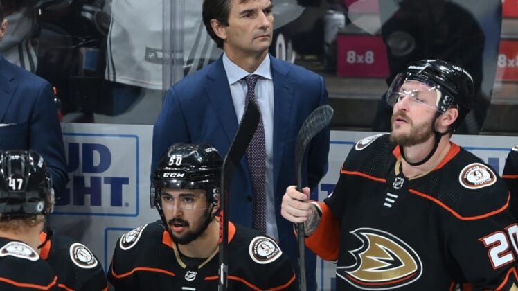 Oct 26, 2021; Anaheim, California, USA;  Anaheim Ducks head coach Dallas Eakins looks on from the bench during the game against the Winnipeg Jets at Honda Center. Mandatory Credit: Jayne Kamin-Oncea-USA TODAY Sports