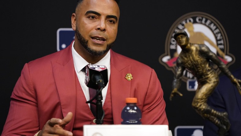 Oct 27, 2021; Houston, TX, USA; Roberto Clemente Award winner Tampa Bay Rays player Nelson Cruz at a press conference before game two of the 2021 World Series between the Houston Astros and the Atlanta Braves at Minute Maid Park. Mandatory Credit: Thomas Shea-USA TODAY Sports