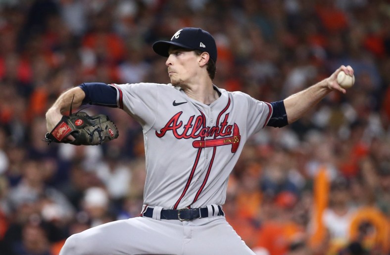 Nov 2, 2021; Houston, TX, USA; Atlanta Braves starting pitcher Max Fried throws a pitch against the Houston Astros during the first inning in game six of the 2021 World Series at Minute Maid Park. Mandatory Credit: Troy Taormina-USA TODAY Sports