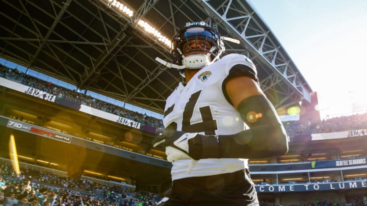 Oct 31, 2021; Seattle, Washington, USA; Jacksonville Jaguars middle linebacker Damien Wilson (54) exits the tunnel before a game against the Seattle Seahawks at Lumen Field. Mandatory Credit: Joe Nicholson-USA TODAY Sports