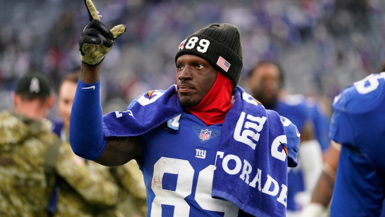 New York Giants wide receiver Kadarius Toney (89) points to the crowd after the Giants' 23-16 win over the Las Vegas Raiders at MetLife Stadium on Sunday, Nov. 7, 2021, in East Rutherford.

Nyg Vs Lvr