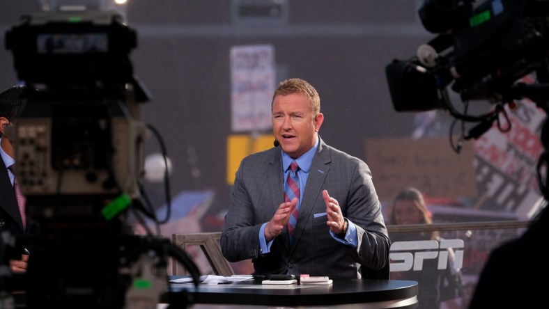 Kirk Herbstreit of ESPN's 'College GameDay' speaks during the broadcast at the University of Cincinnati for the first time before the Bearcats face the University of Tulsa game, Saturday, Nov. 6, 2021.

Uc Vs Tulsa College Gameday 03156 Fb 11 06 21