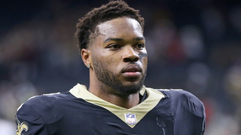 Nov 7, 2021; New Orleans, Louisiana, USA; New Orleans Saints running back Dwayne Washington (24) after their game against the Atlanta Falcons at the Caesars Superdome. Mandatory Credit: Chuck Cook-USA TODAY Sports