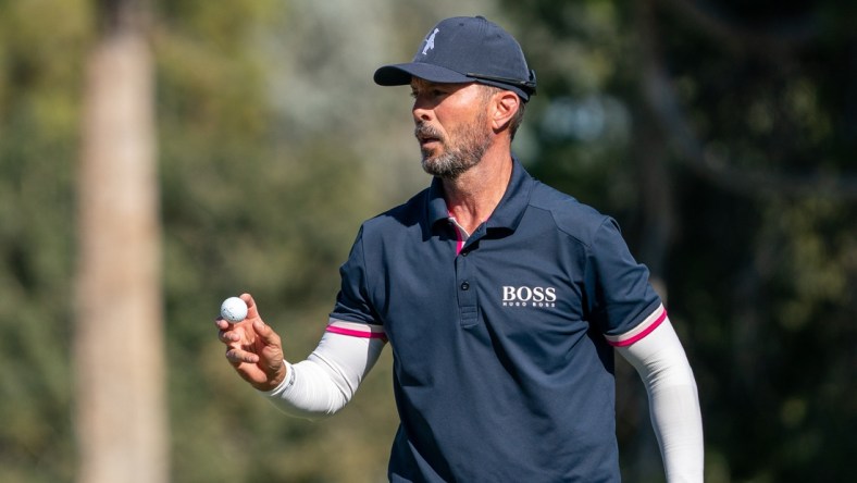 Nov 12, 2021; Phoenix, Arizona, USA; Mike Weir reacts after making his putt during the second round of the Charles Schwab Cup Championship golf tournament at Phoenix Country Club. Mandatory Credit: Allan Henry-USA TODAY Sports