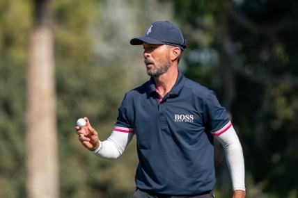 Nov 12, 2021; Phoenix, Arizona, USA; Mike Weir reacts after making his putt during the second round of the Charles Schwab Cup Championship golf tournament at Phoenix Country Club. Mandatory Credit: Allan Henry-USA TODAY Sports