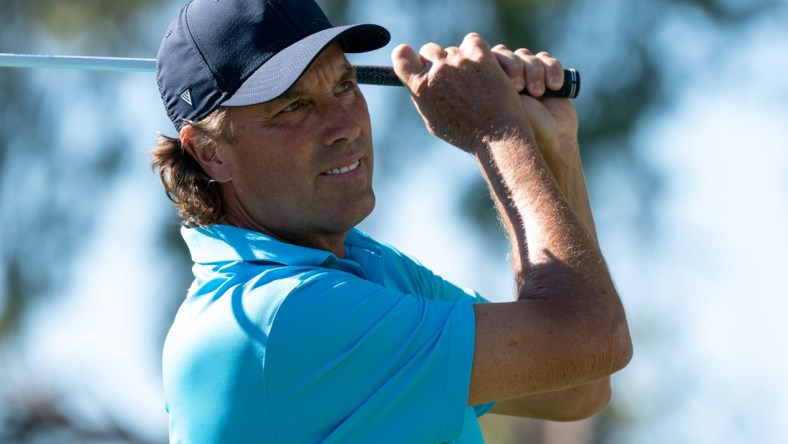 Nov 14, 2021; Phoenix, Arizona, USA; Steven Alker reacts after hitting his tee shot on the seventh during the final round of the Charles Schwab Cup Championship golf tournament at Phoenix Country Club. Mandatory Credit: Allan Henry-USA TODAY Sports