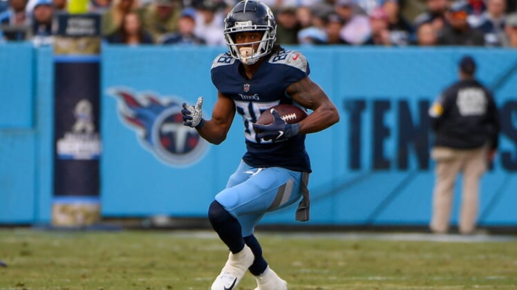 Nov 14, 2021; Nashville, Tennessee, USA;  Tennessee Titans wide receiver Marcus Johnson (88) runs the ball against the New Orleans Saints during the first half at Nissan Stadium. Mandatory Credit: Steve Roberts-USA TODAY Sports