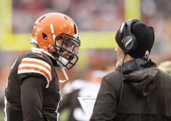 Nov 21, 2021; Cleveland, Ohio, USA; Cleveland Browns quarterback Baker Mayfield (6) talks with head coach Kevin Stefanski during the first quarter against the Detroit Lions at FirstEnergy Stadium. Mandatory Credit: Scott Galvin-USA TODAY Sports