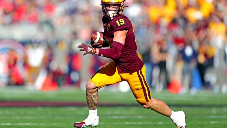 Nov 27, 2021; Tempe, Arizona, USA; Arizona State Sun Devils wide receiver Ricky Pearsall (19) runs the ball during the first half against the Arizona Wildcats at Sun Devil Stadium. Mandatory Credit: Mark J. Rebilas-USA TODAY Sports