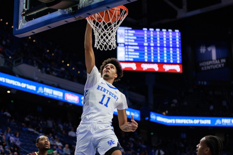 Nov 29, 2021; Lexington, Kentucky, USA; Kentucky Wildcats guard Dontaie Allen (11) dunks the ball during the second half against the Central Michigan Chippewas at Rupp Arena at Central Bank Center. Mandatory Credit: Jordan Prather-USA TODAY Sports
