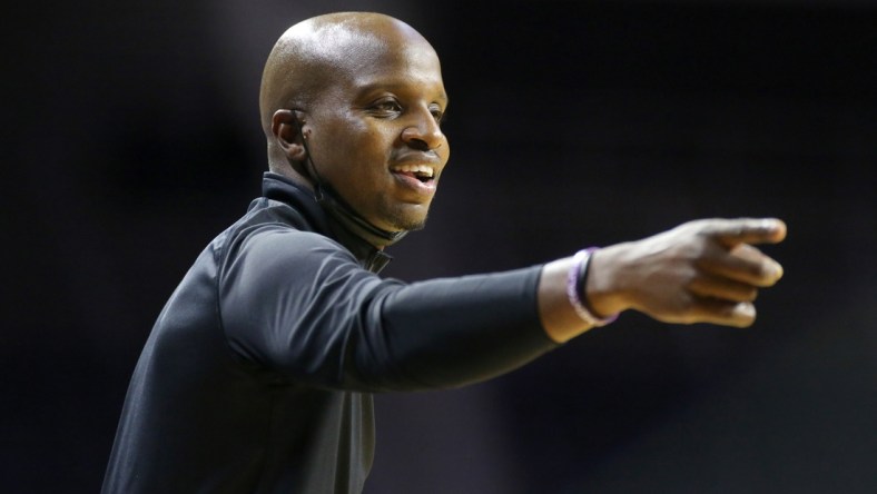 Dec 1, 2021; Manhattan, Kansas, USA; Albany Great Danes head coach Dwayne Killings instructs his team during the second half against the Kansas State Wildcats at Bramlage Coliseum. Mandatory Credit: Scott Sewell-USA TODAY Sports