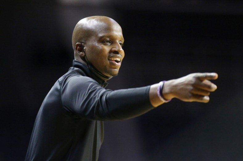 Dec 1, 2021; Manhattan, Kansas, USA; Albany Great Danes head coach Dwayne Killings instructs his team during the second half against the Kansas State Wildcats at Bramlage Coliseum. Mandatory Credit: Scott Sewell-USA TODAY Sports